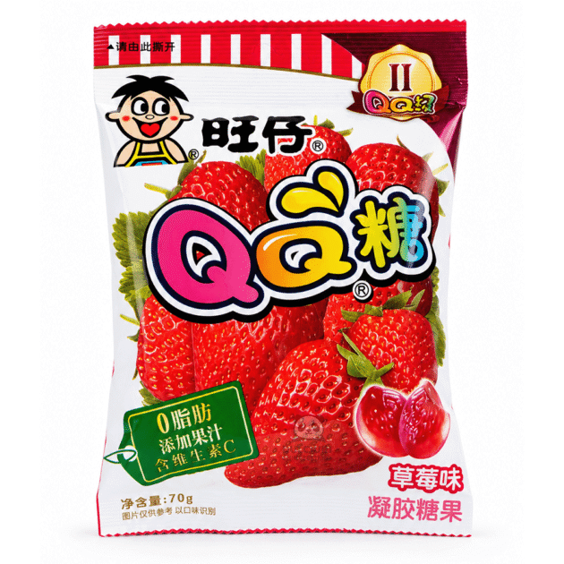Bomboane Gumate cu Căpșuni QQ Candy 70 g – Want Want | Jeleuri Asiatice cu Suc de Fructe